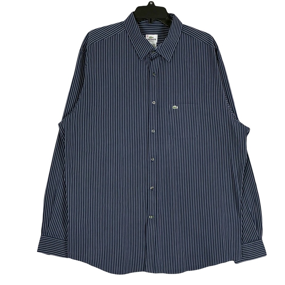 Lacoste Shirt Men FR 46/US 2XL Navy Stripe Button Up Cotton Logo Preppy Office